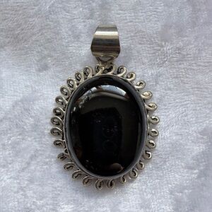 Natural Black Oynx Stone Pendant in .925.Sterling Silver